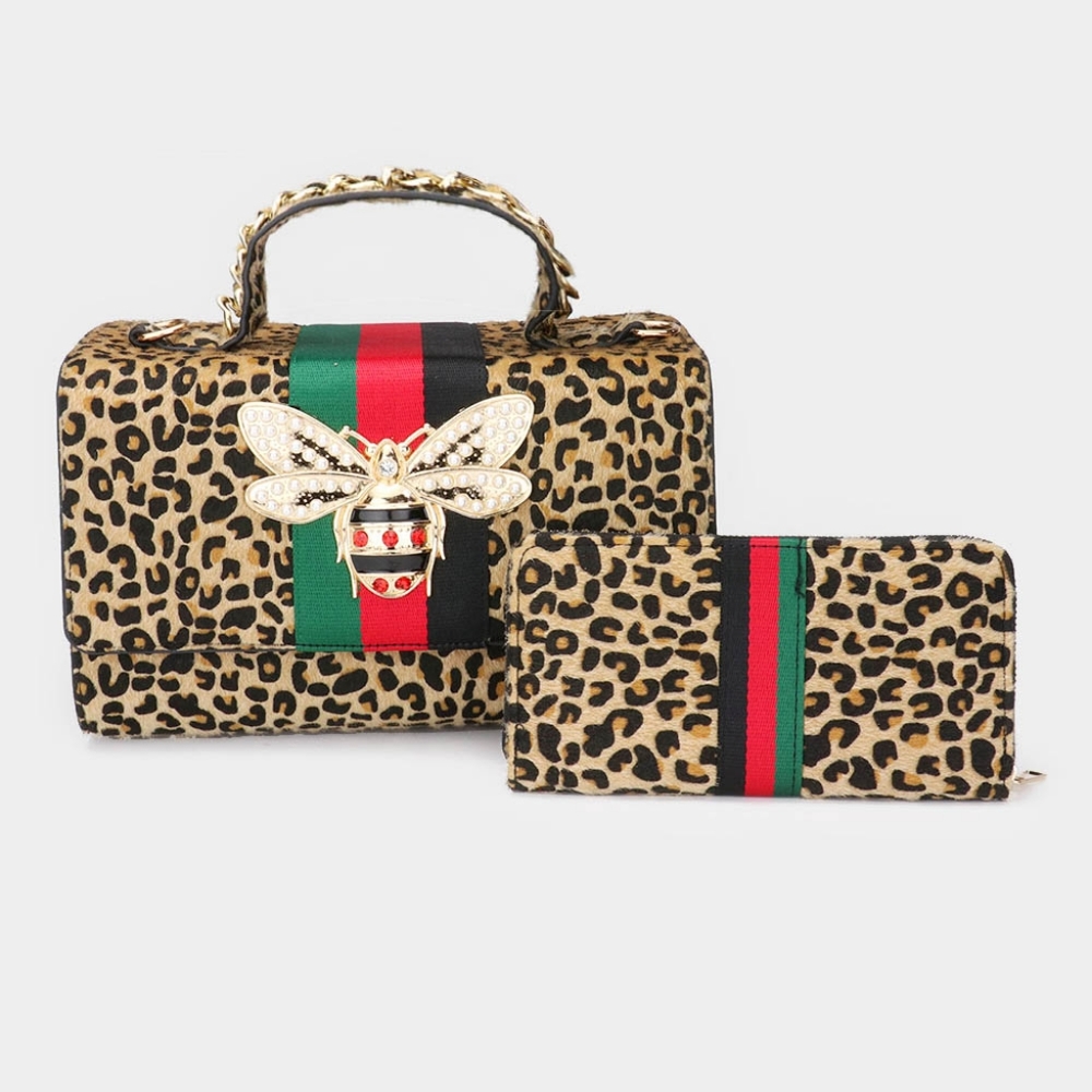 Leopard Print Honey Bee Color Block Pearl Crystal Tote Purse Bag and Wallet Set